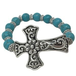 Sideways Cross Turquoise Beaded Christian Silver Tone Stretch Bracelet